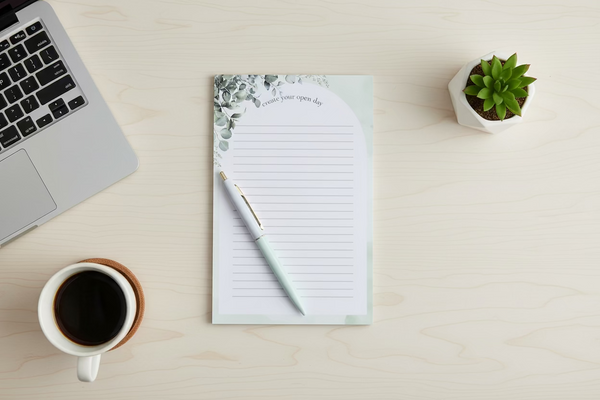 Create your open day lined notepad with pen, coffee cup, and laptop on a desk
