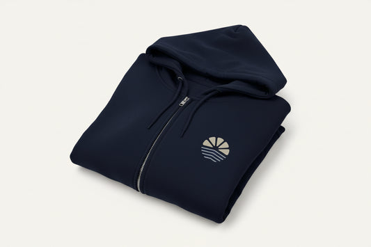Navy blue hoodie with a logo on the chest against a white background