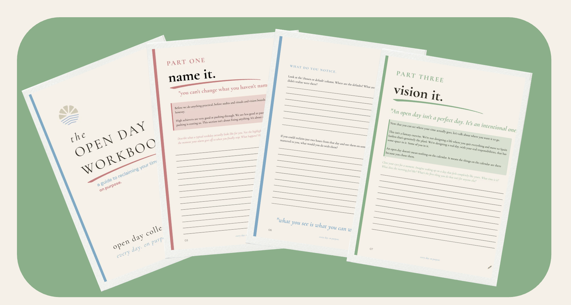 Open Day Workbook with pages titled 'name it.' and 'vision it.' on a green background