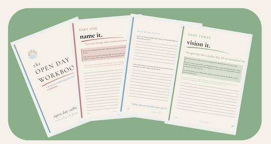 Open Day Workbook with pages titled 'name it.' and 'vision it.' on a green background